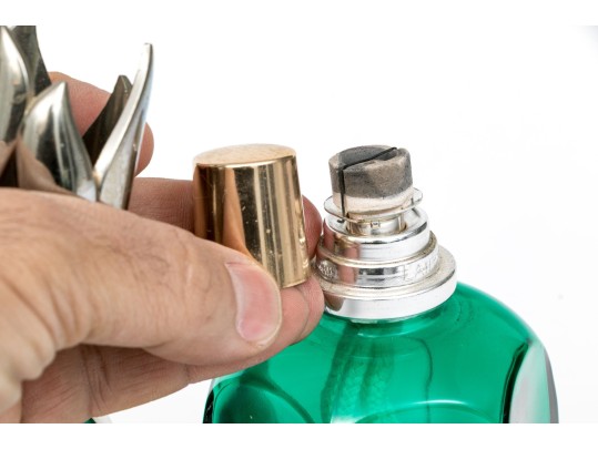 Two Lampe Berger Glass Oil Lamps With Bayard Stentor Repetition Clock