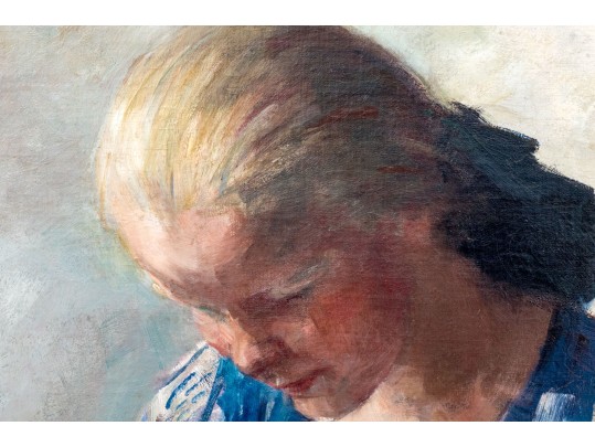 Impressionist Oil On Canvas, Portrait Of A Woman In Blue, Signed 