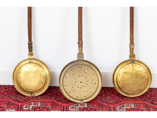 Three Antique Brass And Wood Bed Warmers