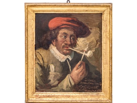Antique Oil On Panel, Portrait Of A Man Smoking A Pipe In The Dutch Style