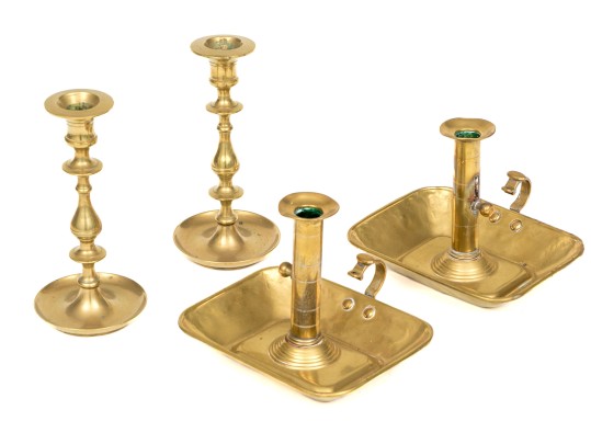 Four Brass Candlesticks And Chambersticks