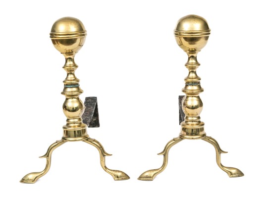 Pair Of American Federal Cast Brass Cannonball Andirons, Ca. 1800-1820