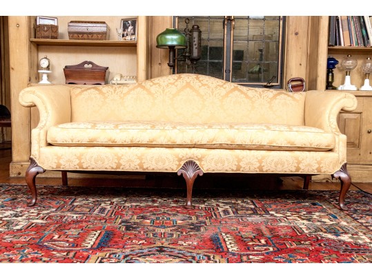 Antique George III Style Upholstered Camel Back Sofa
