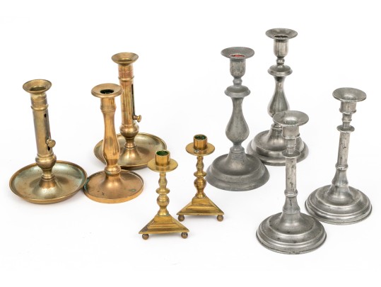 Collection Of Nine Antique Brass And Pewter Candlesticks