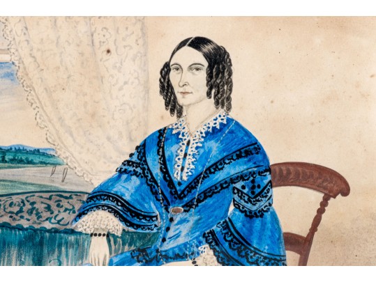 American School, Watercolor Of A Woman In Blue Dress Ca. 1840-60