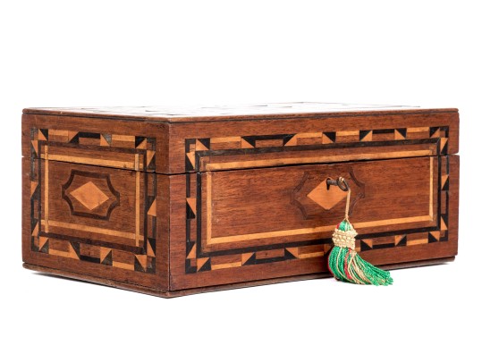 Pennsylvania Marquetry Inlaid Jewelry Box With Key, 19th Century