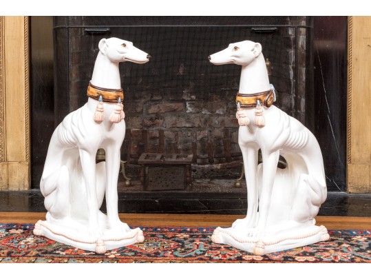 Pair Of Vintage Italian Hand-Painted Life Size Ceramic Whippet Dogs