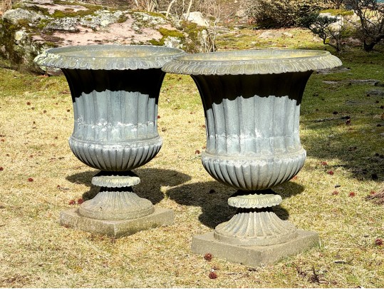Large Pair Of Cast Metal Neoclassical Style Garden Urns