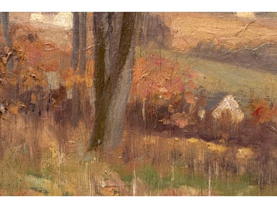 Robert Vonnoh (American, 1858-1933) Oil On Board, Landscape With Trees And Cottages