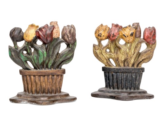 Pair Of Antique Cast Iron Painted Tulip Planter Form Doorstops
