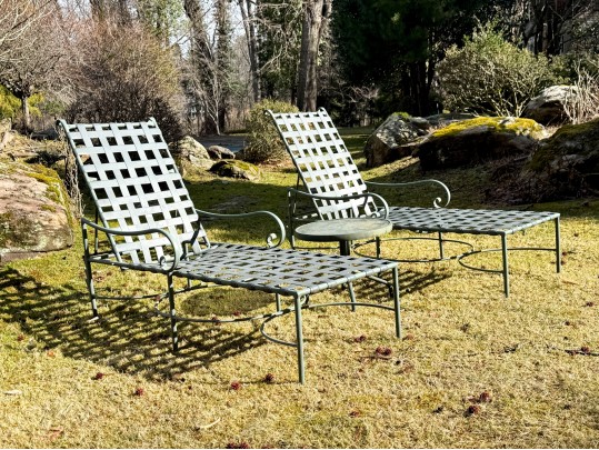 Pair Of Brown Jordan Vintage Chaise Lounges With Side Table