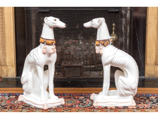 Pair Of Vintage Italian Hand-Painted Life Size Ceramic Whippet Dogs