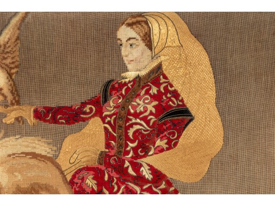Antique Oversized Needlepoint And Stumpwork, Falconer On Horseback, Ca. 1840-60