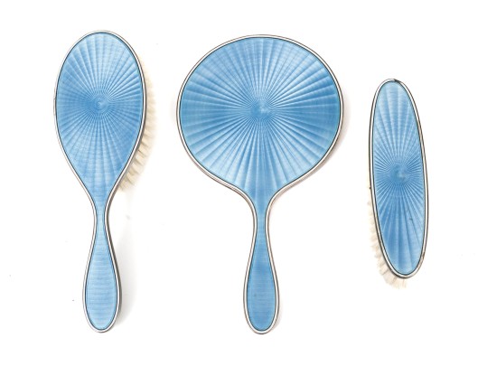 Tiffany & Co Four Piece Guilloche Enameled Sterling Silver Vanity Set