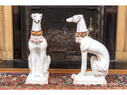 Pair Of Vintage Italian Hand-Painted Life Size Ceramic Whippet Dogs