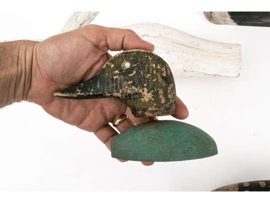 Group Of Four Hand Carved And Painted Decoys With A Carved Head