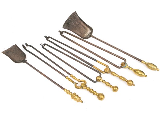 A Good Collection Of Six Fine Fireplace Tools: Double Lemon, Cannonball