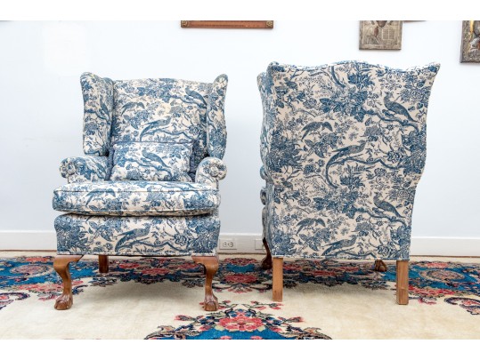 A Fine Pair Of Classic Antique Custom Upholstered Wingback Armchairs