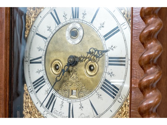 Antique Continental Walnut Tall Case Barley Twist Clock, First Half 19th Century