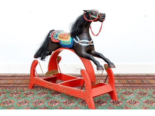 Antique American Wood Children's Hobby Horse On Stand