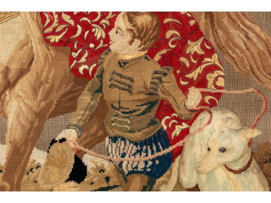 Antique Oversized Needlepoint And Stumpwork, Falconer On Horseback, Ca. 1840-60