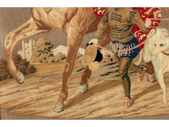 Antique Oversized Needlepoint And Stumpwork, Falconer On Horseback, Ca. 1840-60