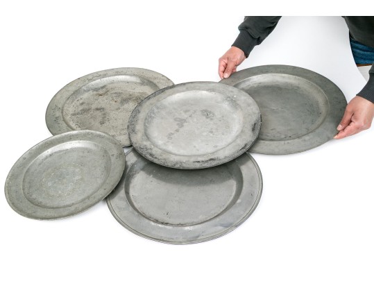 Five Antique Pewter Chargers