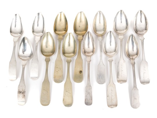 Thirteen Assorted Coin & Sterling Silver Teaspoons, 6.3 Ozt.
