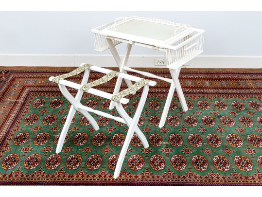 Vintage Painted Luggage Rack And Folding Tray Top Table