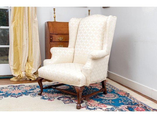 Antique Queen Anne Style Upholstered Wingback Armchair