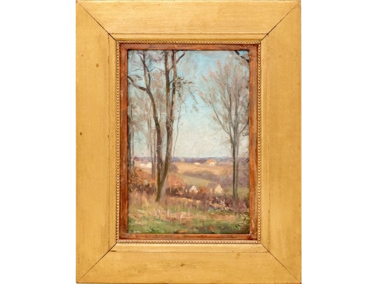 Robert Vonnoh (American, 1858-1933) Oil On Board, Landscape With Trees And Cottages