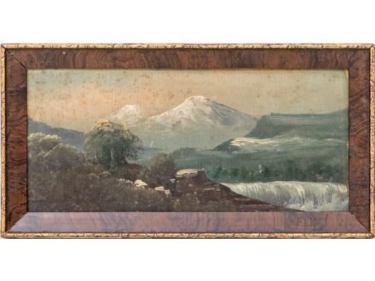 Antique American School Oil On Board, Mountain Landscape