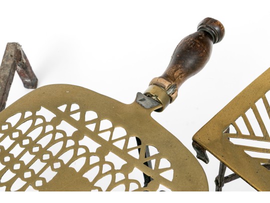 Six Piece Lot Of Antique Brass And Iron Fireplace Items