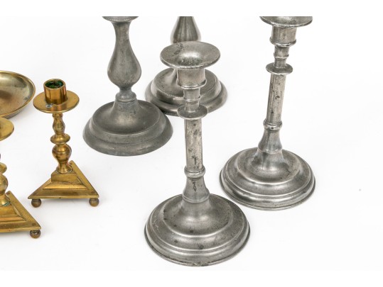 Collection Of Nine Antique Brass And Pewter Candlesticks