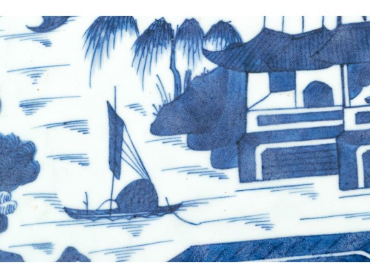 Antique 19th C. Chinese Export Blue And White Canton Pattern Porcelain Platter