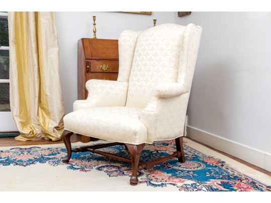 Antique Queen Anne Style Upholstered Wingback Armchair