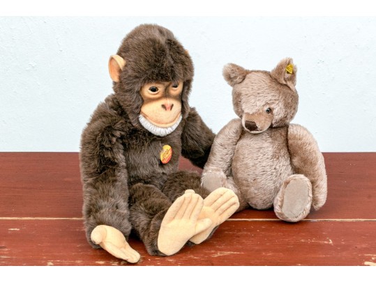 Two Vintage Stieff Stuffed Animals, Including A Chimpanzee And Teddy Bear