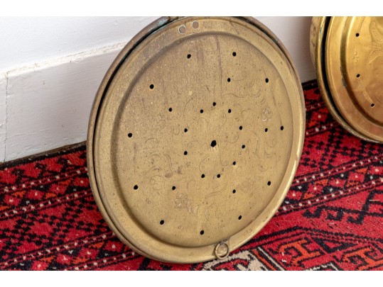Three Antique Brass And Wood Bed Warmers