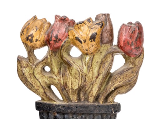Pair Of Antique Cast Iron Painted Tulip Planter Form Doorstops