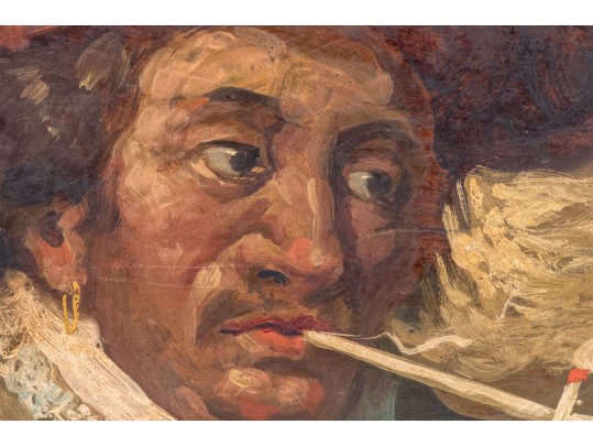 Antique Oil On Panel, Portrait Of A Man Smoking A Pipe In The Dutch Style