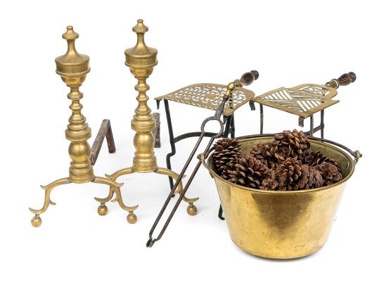 Six Piece Lot Of Antique Brass And Iron Fireplace Items