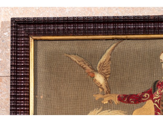 Antique Oversized Needlepoint And Stumpwork, Falconer On Horseback, Ca. 1840-60