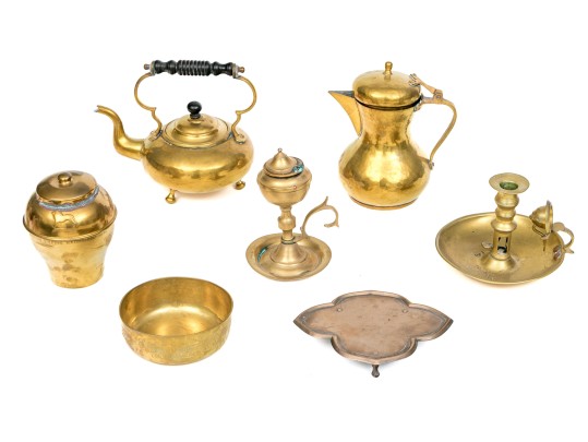 Collection Of Seven Brass Serving Wares