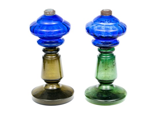 Unusual Pair Of Antique Hand-blown Glass And Brass Oil Lamps
