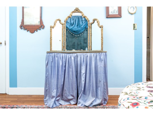 Elegant Hollywood Regency Vanity Table With Three Section Vanity Mirror