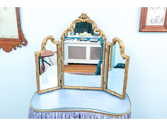 Elegant Hollywood Regency Vanity Table With Three Section Vanity Mirror