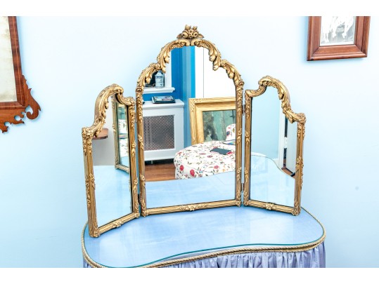 Elegant Hollywood Regency Vanity Table With Three Section Vanity Mirror