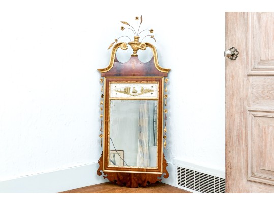 Gorgeous American Federal Looking Glass With Eglomise Panel, Ca. 1800-1820