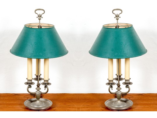 A Good Full Size Pair Of Antique Three Light Electrified Bouillotte Laps