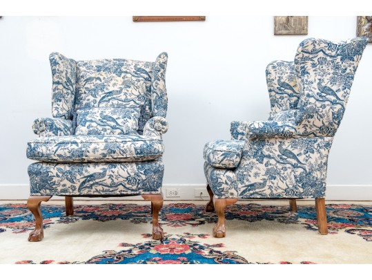 A Fine Pair Of Classic Antique Custom Upholstered Wingback Armchairs